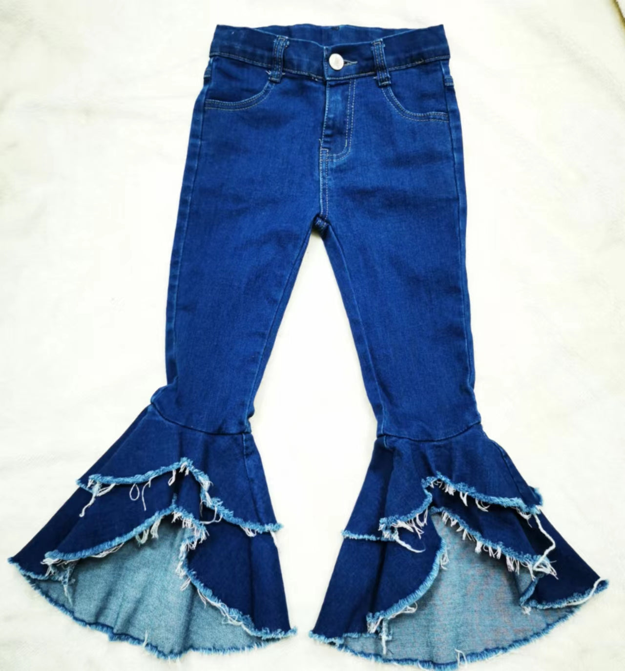 Baby girls navy double ruffle bell pants denim jeans