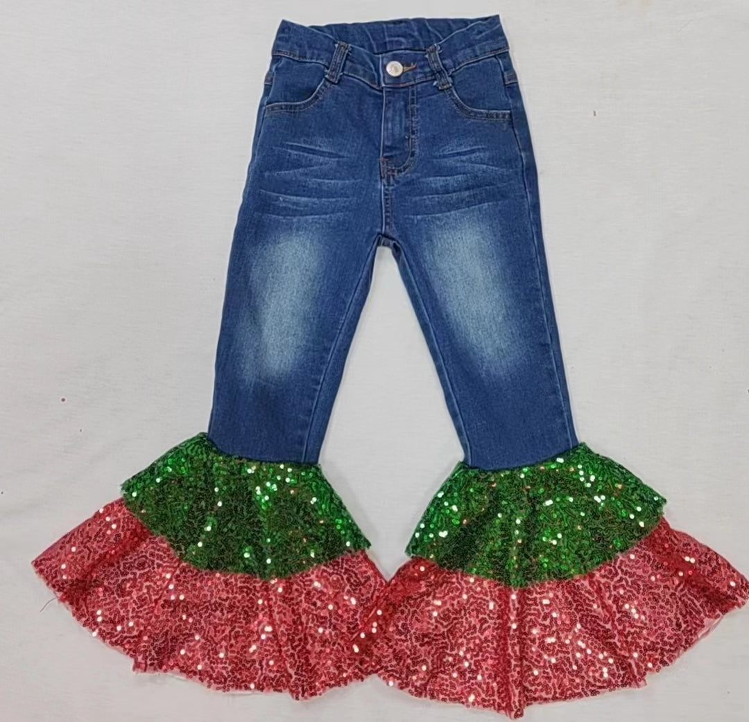 Baby Girls Christmas Denim Sequin Bell Bottom Pants Jeans