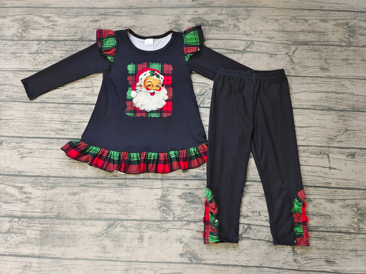 Baby girls black red plaid santa Christmas ruffle pants clothes sets