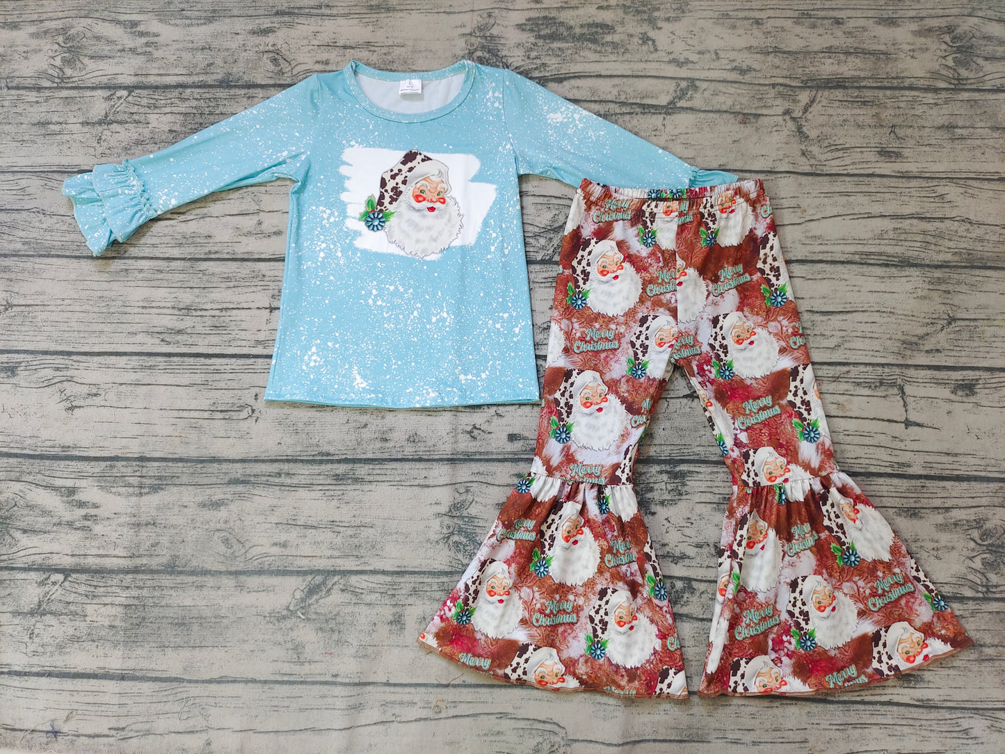 Baby girls blue santa Christmas western bell pants clothes sets