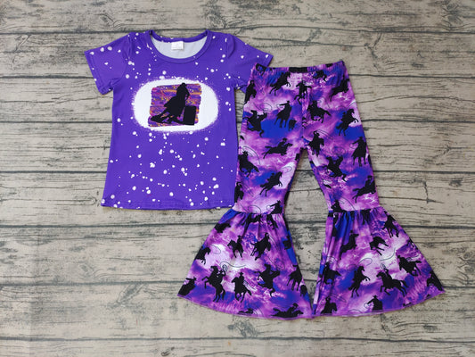 Baby girls purple western horse bell pants clothes sets