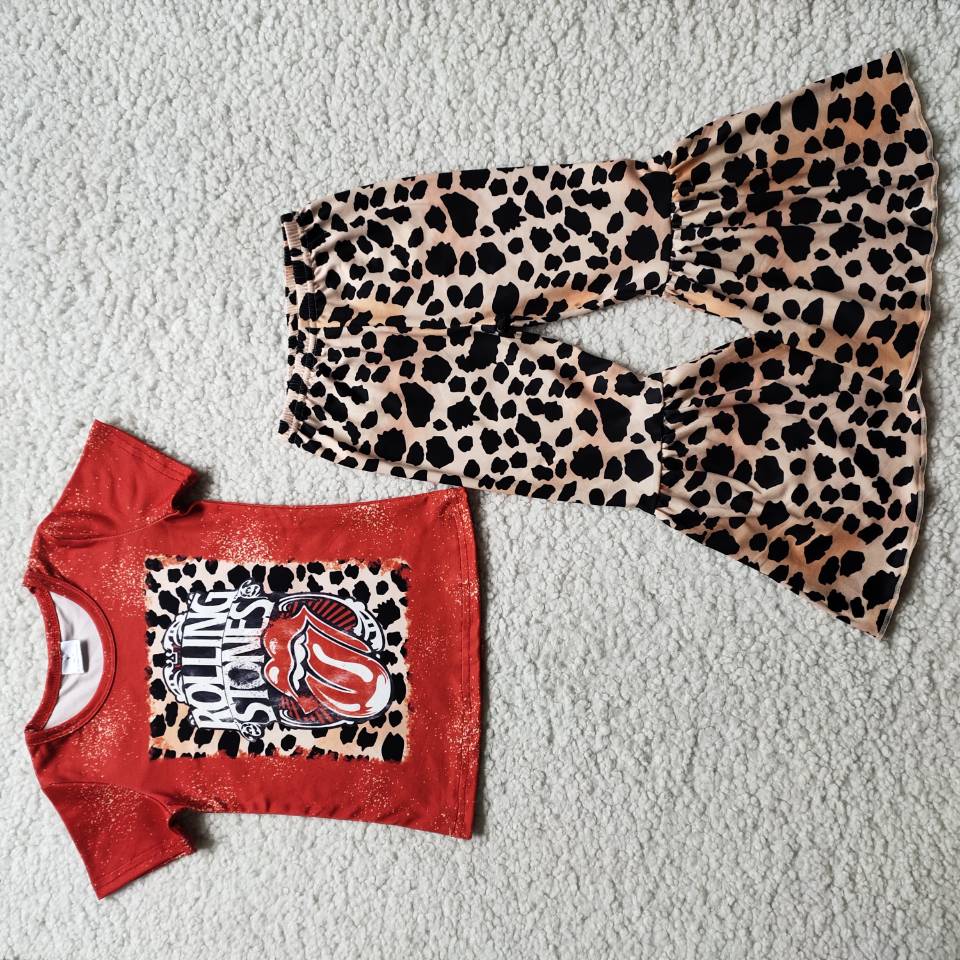 B0-1Baby girls Singer red leopard bell bottom pants sets