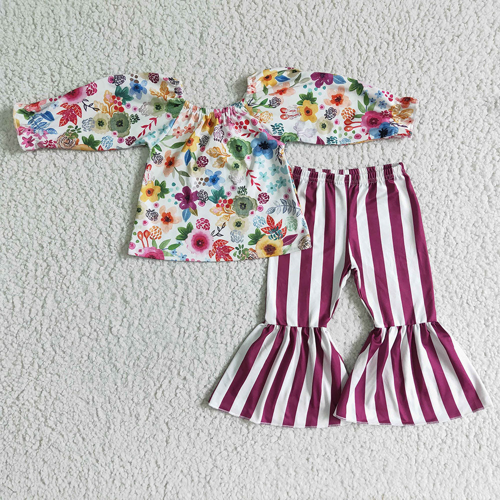Baby Girls maroon floral stripe bell pants clothing sets