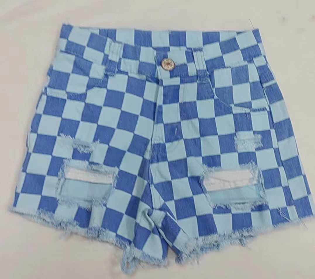 Baby Girls Blue Checkered Distressed Denim Shorts