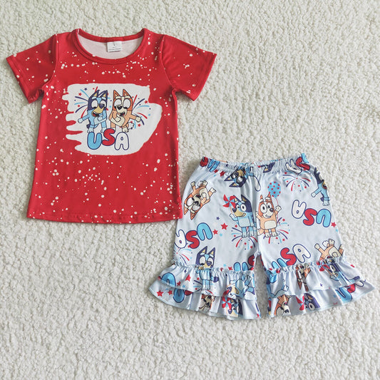 Baby girls cartoon red top 4th of july summer shorts sets