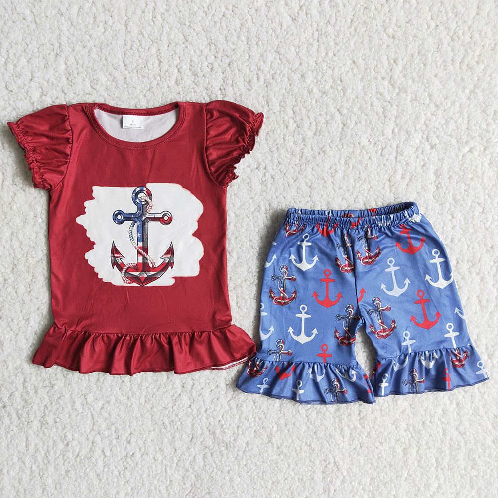 4th of July girls anchor bleached top ruffle shorts sets