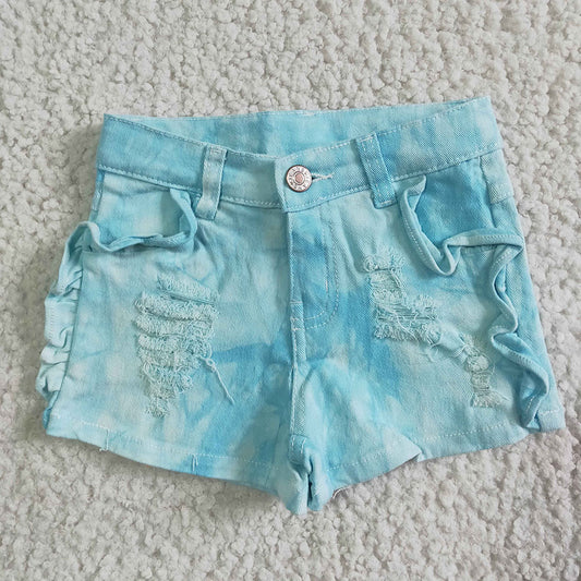 Baby Girls turquoise color summer ruffle denim shorts