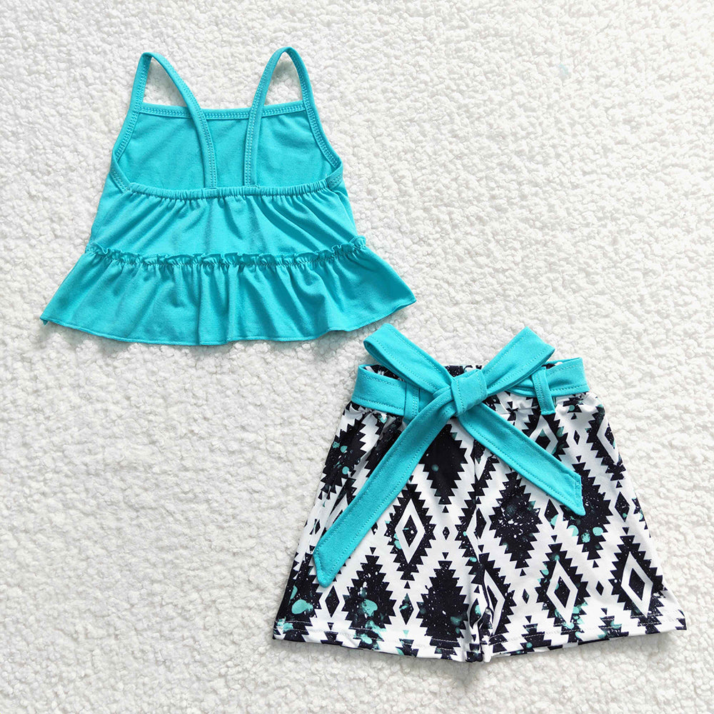 Baby Girls Blue Strap Top Aztec Belts Shorts Sets