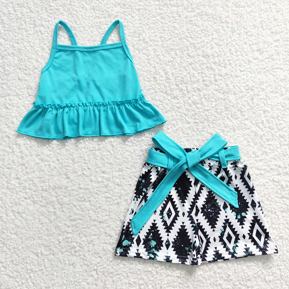 Baby Girls Blue Strap Top Aztec Belts Shorts Sets