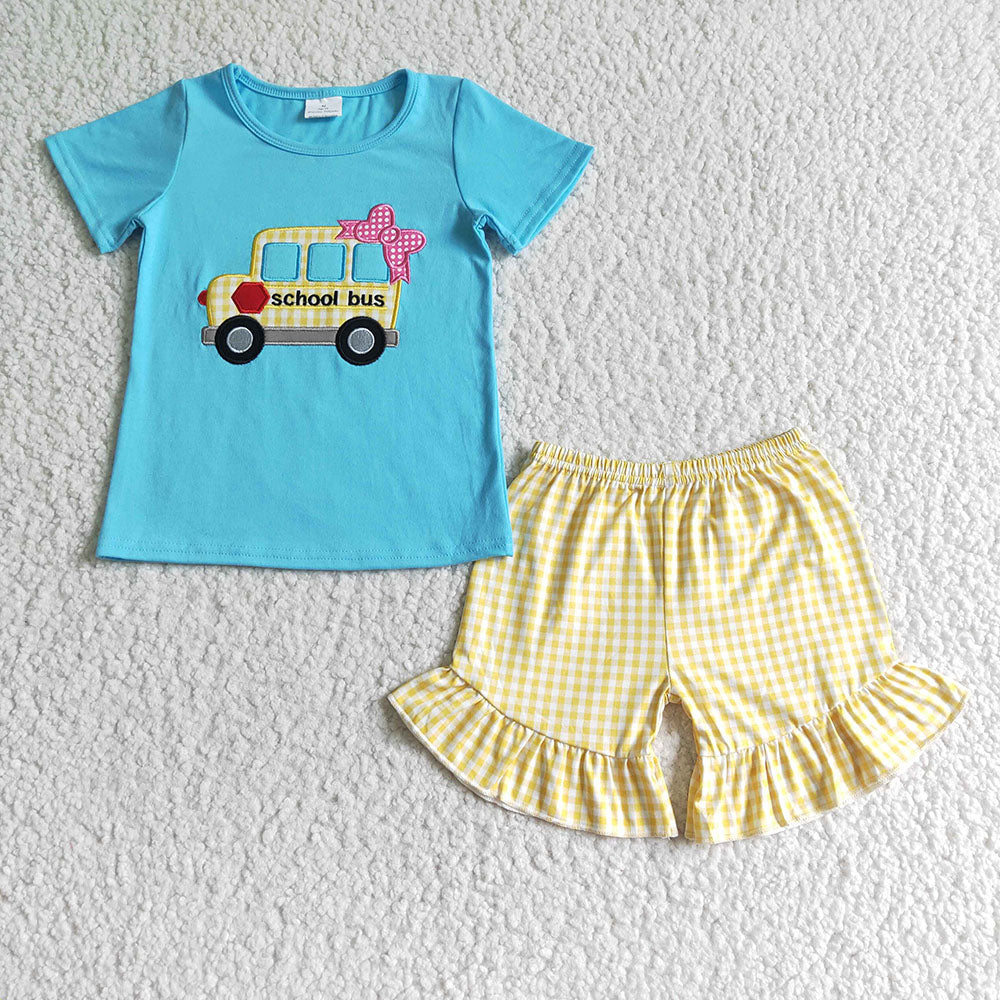 Baby girls back to school blue bow shorts sets