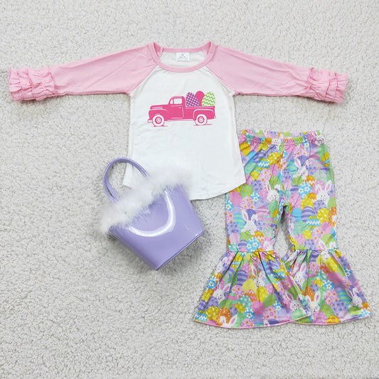 Baby Girls Easter Rabbits Tractor Bell Pants Clothes Sets(can choose bag here)