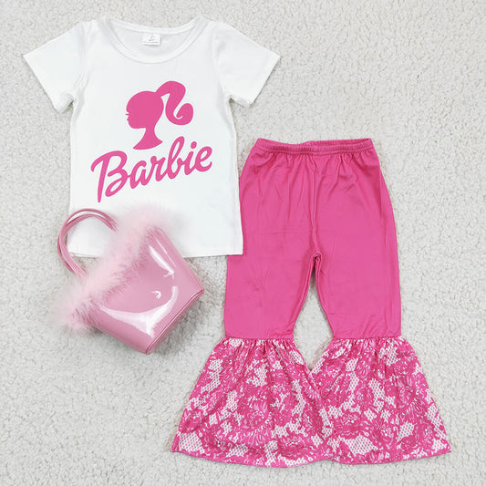Baby Girls White Party Tee Shirt Bell Pants Pink Purses Bags 3pcs sets