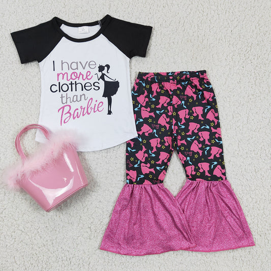 Baby Girls Cartoon Short Sleeve Tee Shirt Bell Pants Pink Purses Bags 3pcs sets