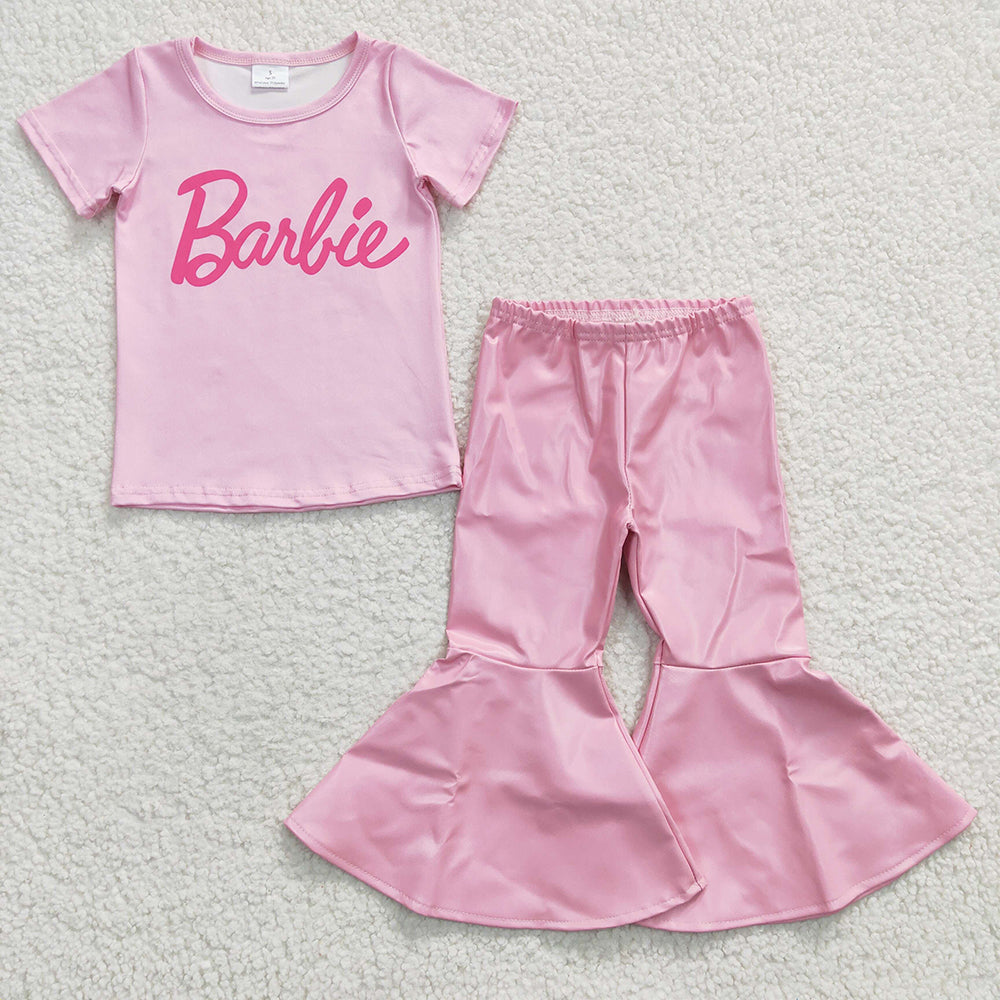 Baby Girls Pink Tee Shirts Top Leather Bell Bottom Pants Sets