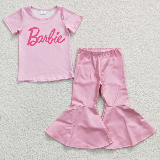 Baby Girls Pink Tee Shirts Top Leather Bell Bottom Pants Sets