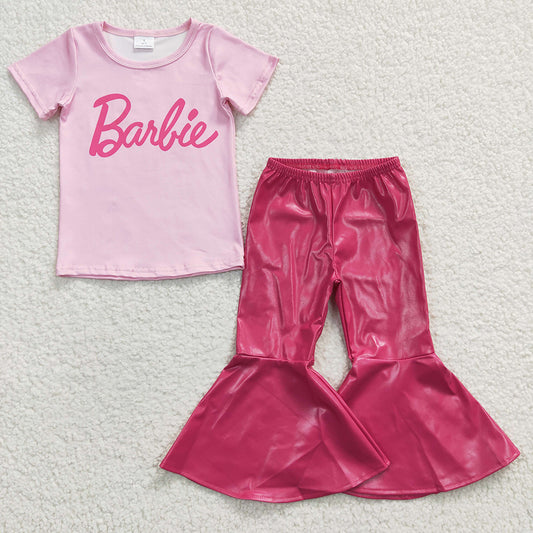 Baby Girls Pink Tee Shirts Top Dark Pink Leather Bell Bottom Pants Sets