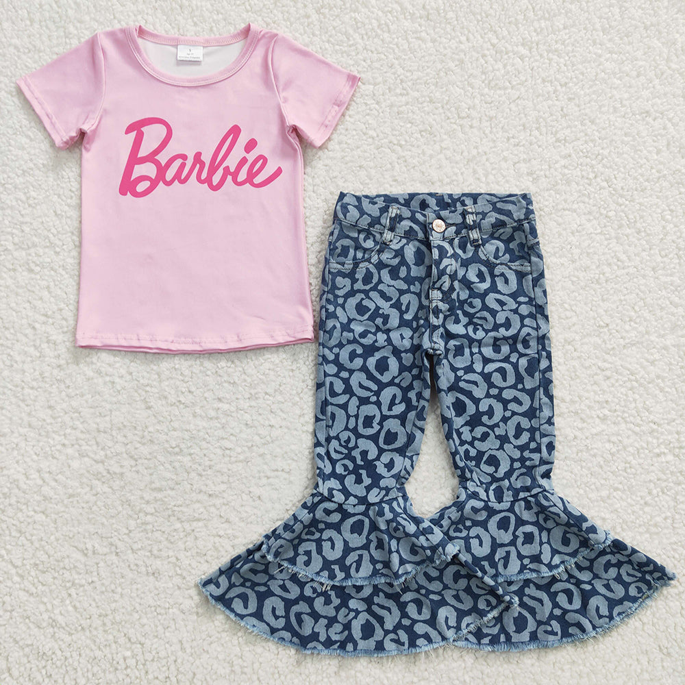 Baby Girls Pink Shirt Blue Leopard Denim Pants Clothes Sets