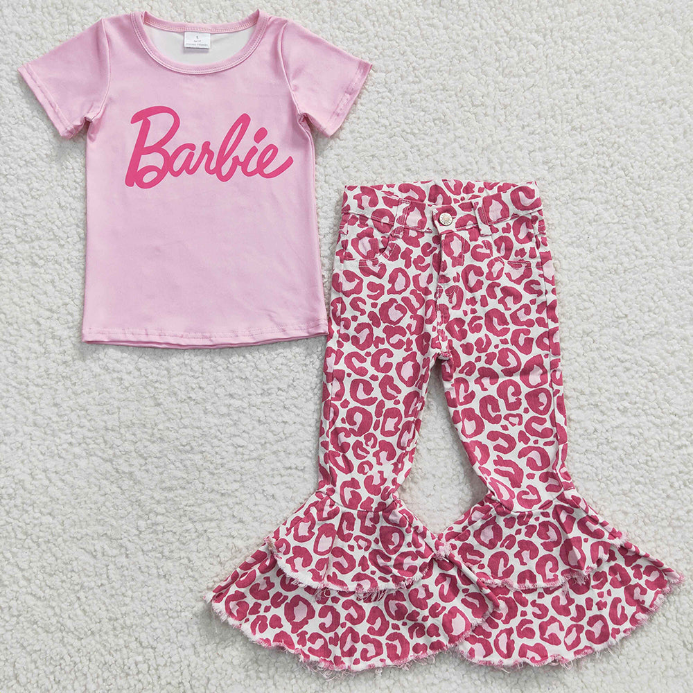 Baby Girls Pink Shirt Pink Leopard Denim Pants Clothes Sets