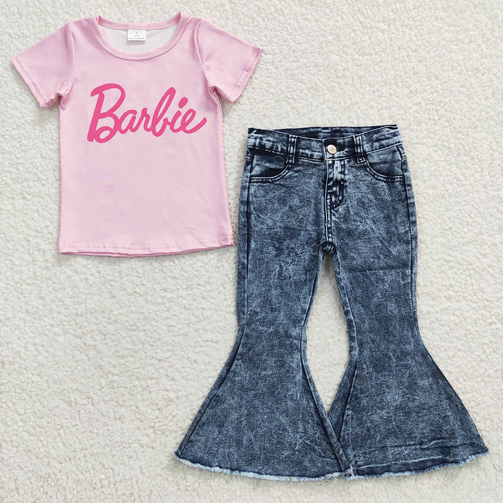 Baby Girls Pink Shirt Navy Denim Pants Clothes Sets