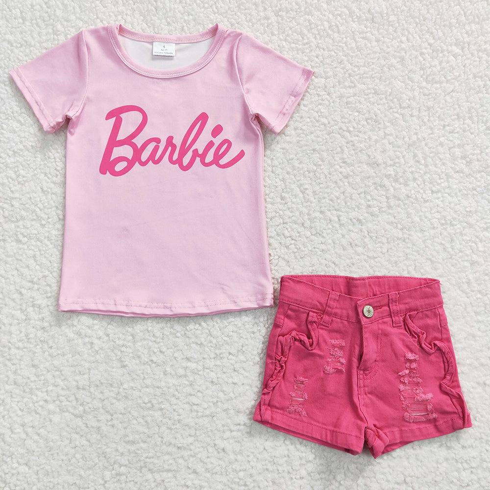 Baby Girls Pink Shirts Dark Pink Denim Shorts clothes sets