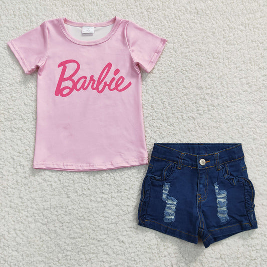 Baby Girls Pink Shirts Blue Denim Shorts clothes sets