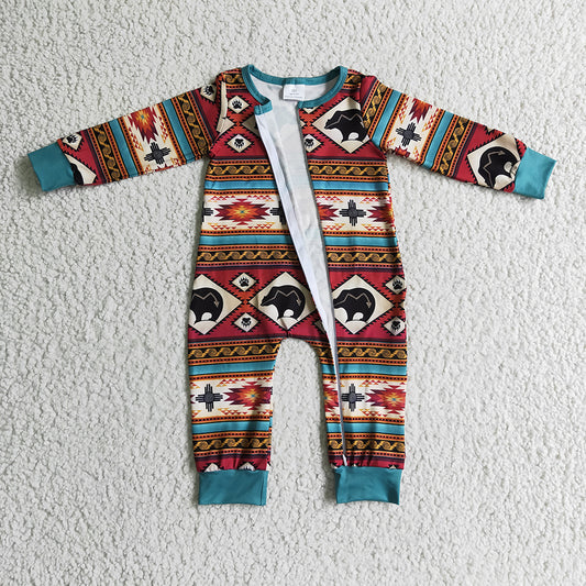 Baby Infant Western Bear Zip Long Sleeve Rompers