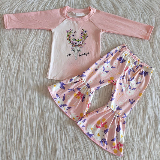 Pink cow floral bell bottom pant set