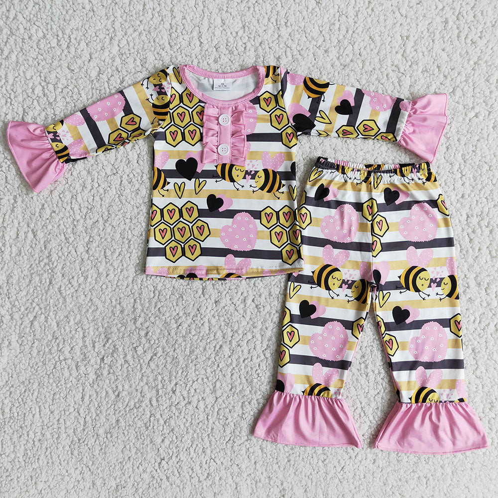 Baby Girls Valentines honey bee ruffle pajamas sets