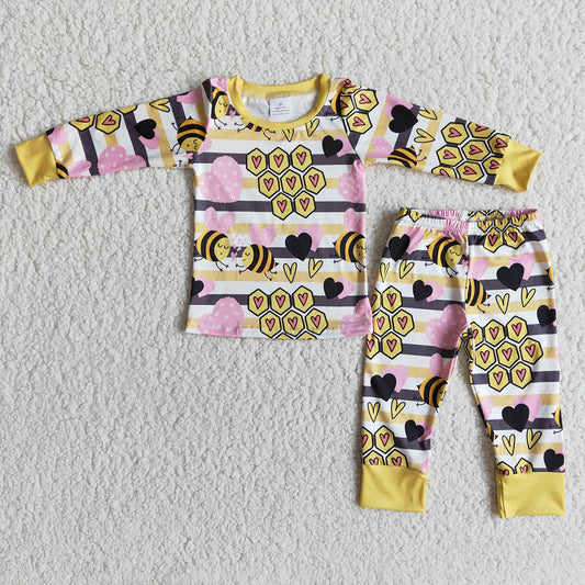 Baby girls honey bee cute Valentines long sleeve pants pajamas sets