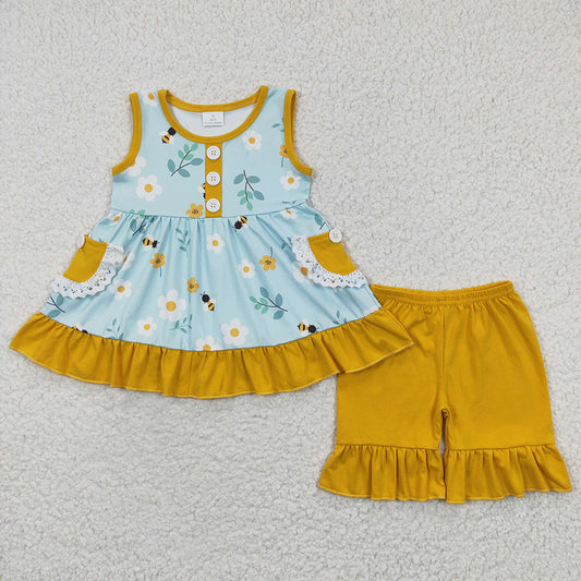 Baby Girls Summer Bee Flowers Pearl Tunic Ruffle Shorts Clothes