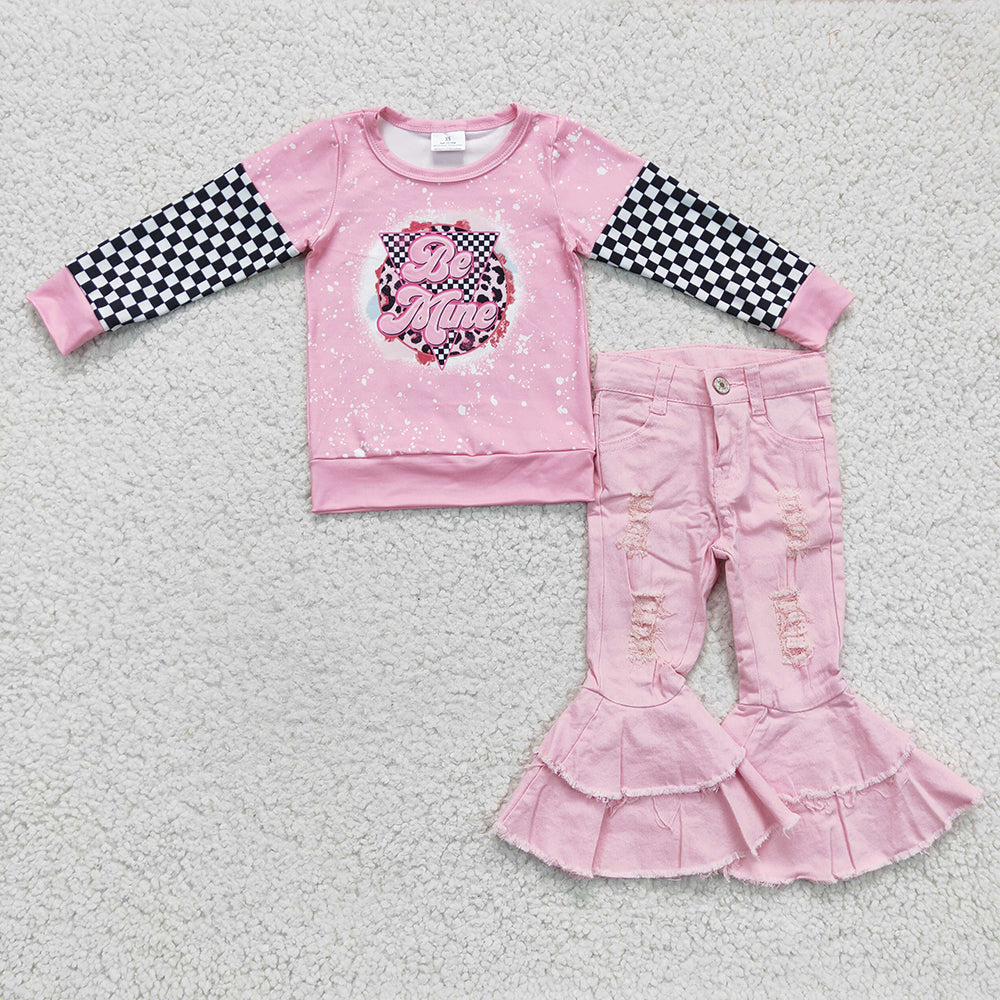 Baby Girls Be Mine Valentines Shirt Denim Pants clothes sets