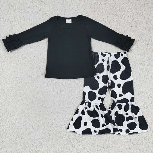 Baby Girls Black shirt Tops Cow print bell pants clothes sets