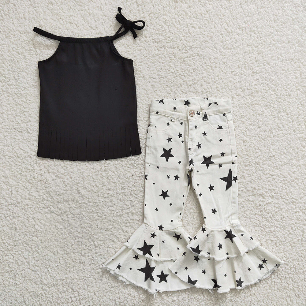 Baby Girls Black Halter Top Stars Denim Pants Clothes Sets