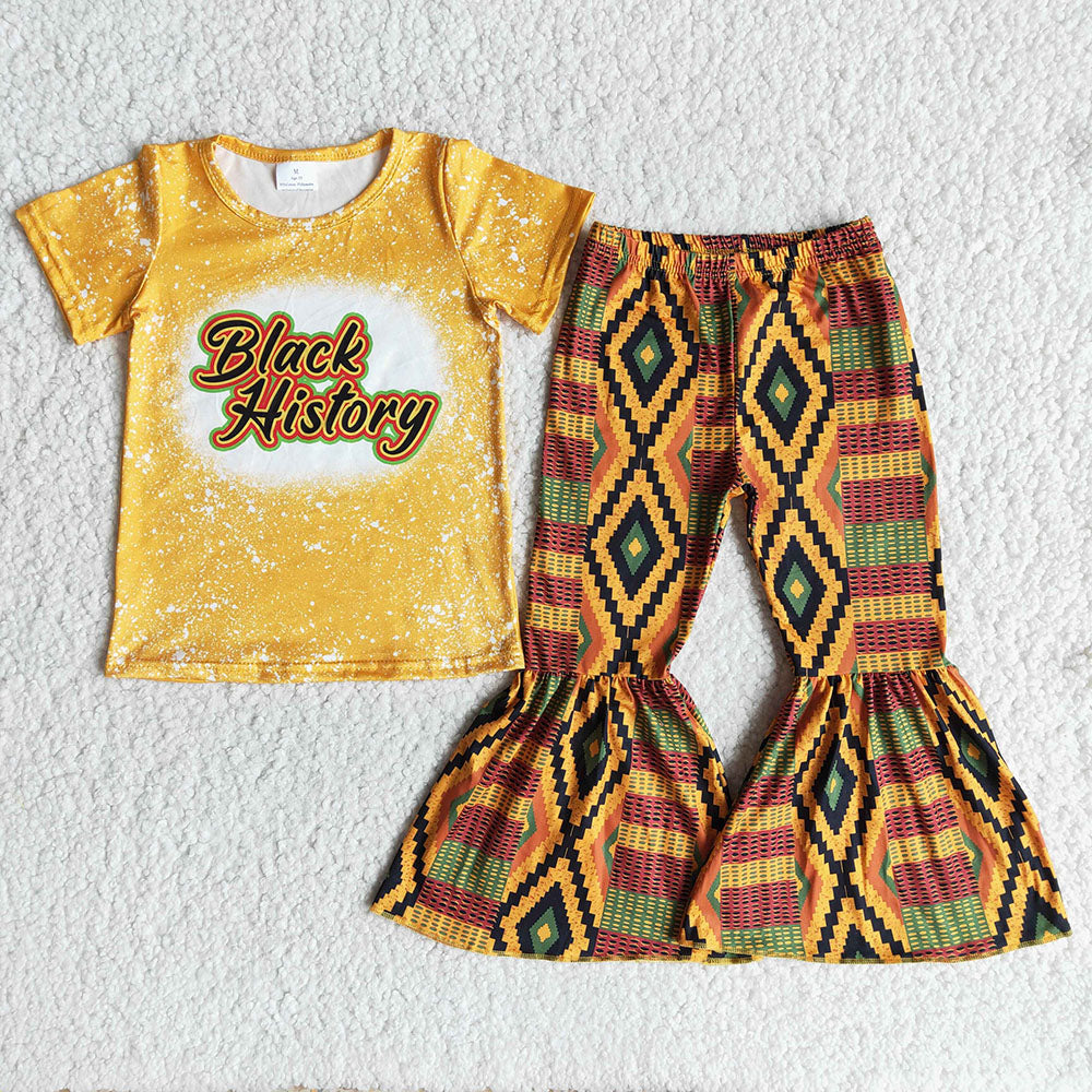 Baby girls black history mustard bleached top bell pants clothing sets
