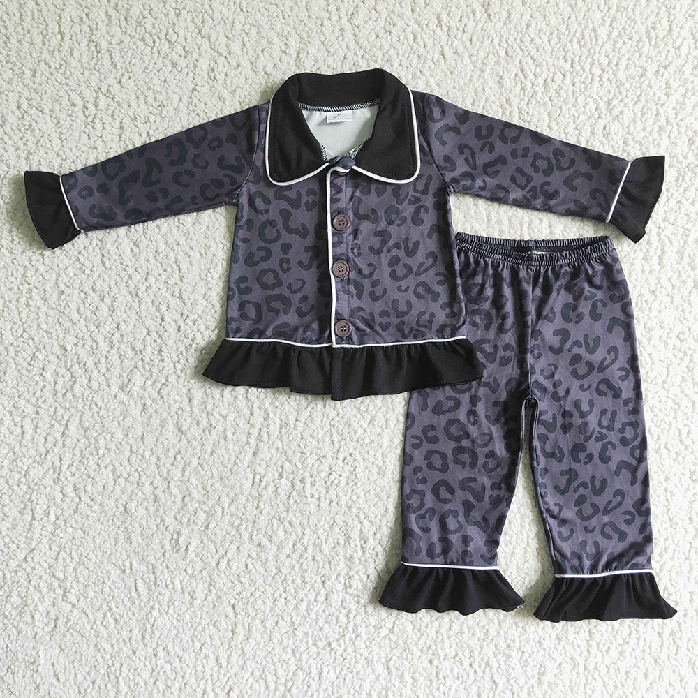 Fall baby girls children black leopard button up pants clothes pajamas sets