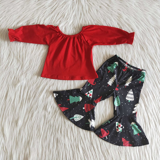 Red top Christmas tree bell bottom pants sets