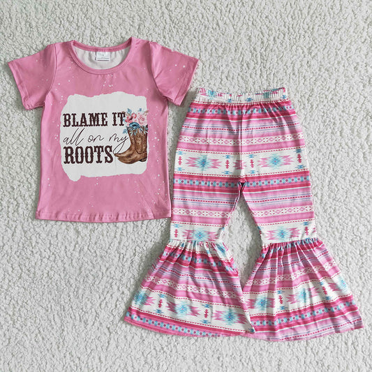 Baby girls blame it roots western pink bell pants clothing sets