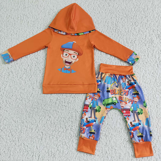 Baby boys orange glass men cartoon hooded pants sets