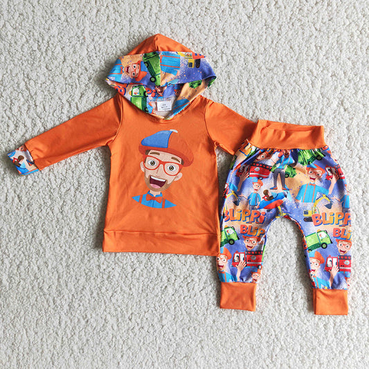 Baby boys orange glass men cartoon hooded pants sets