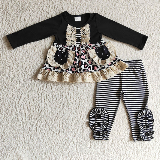 Baby girls Fall lace leopard pants clothes sets