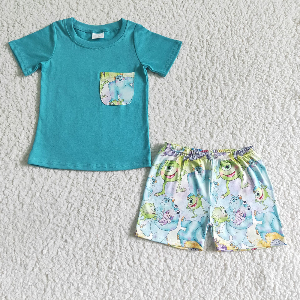 baby boys pocket design aqua cartoon summer shorts sets