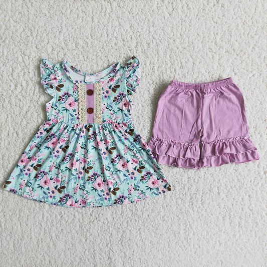 Floral purple ruffles shorts set