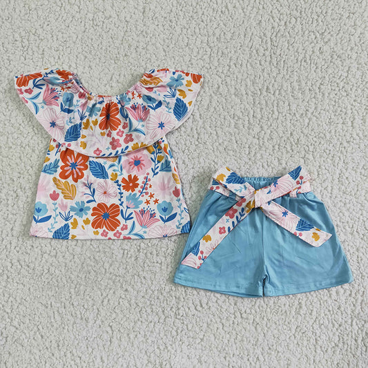 Baby girls floral pom pom top shorts summer sets