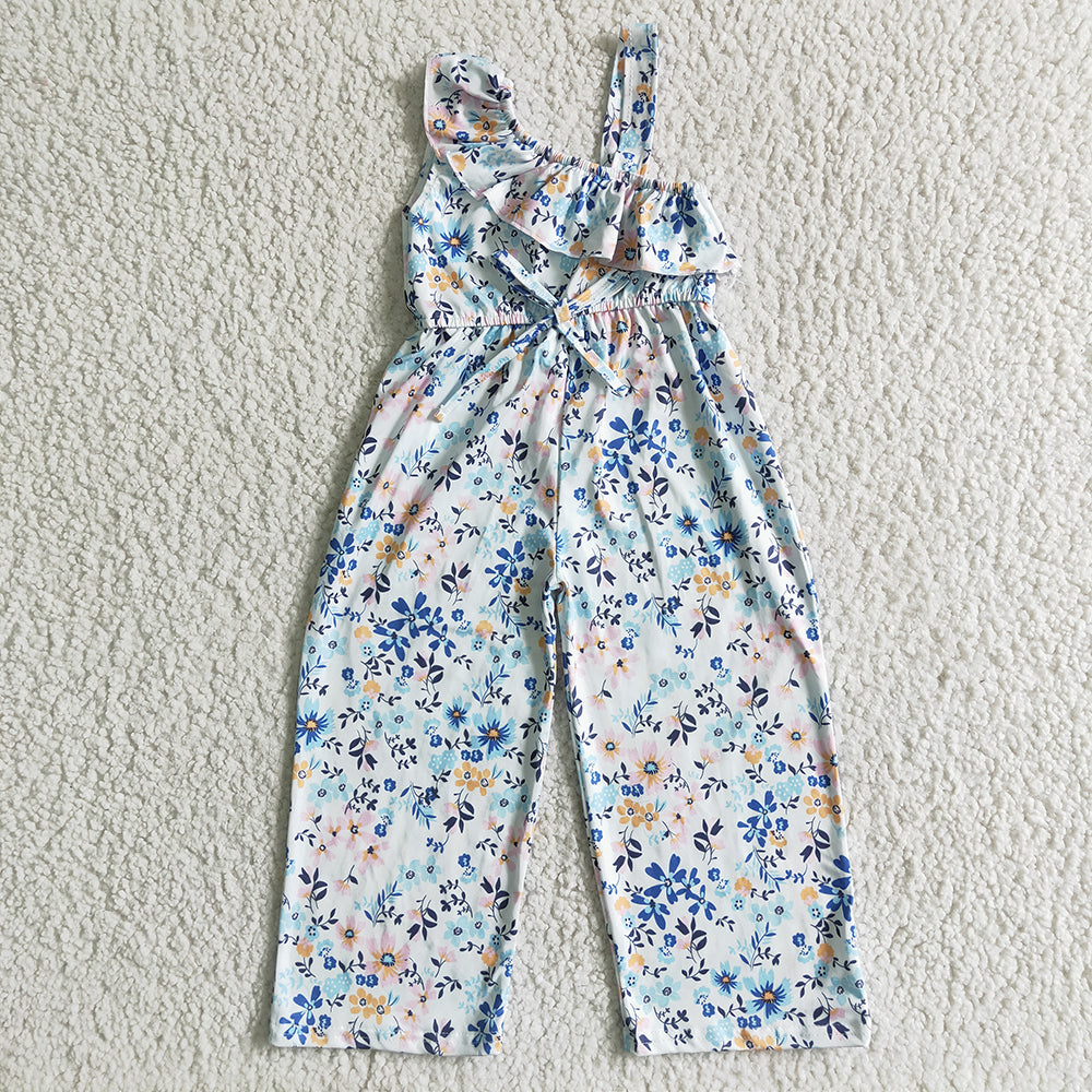 Baby girls blue floral one shoulder long pants jumpsuits