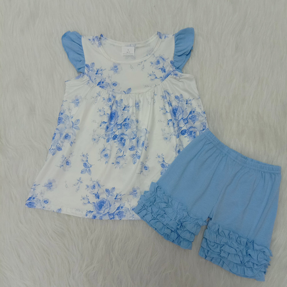 Blue flower ruffles shorts set