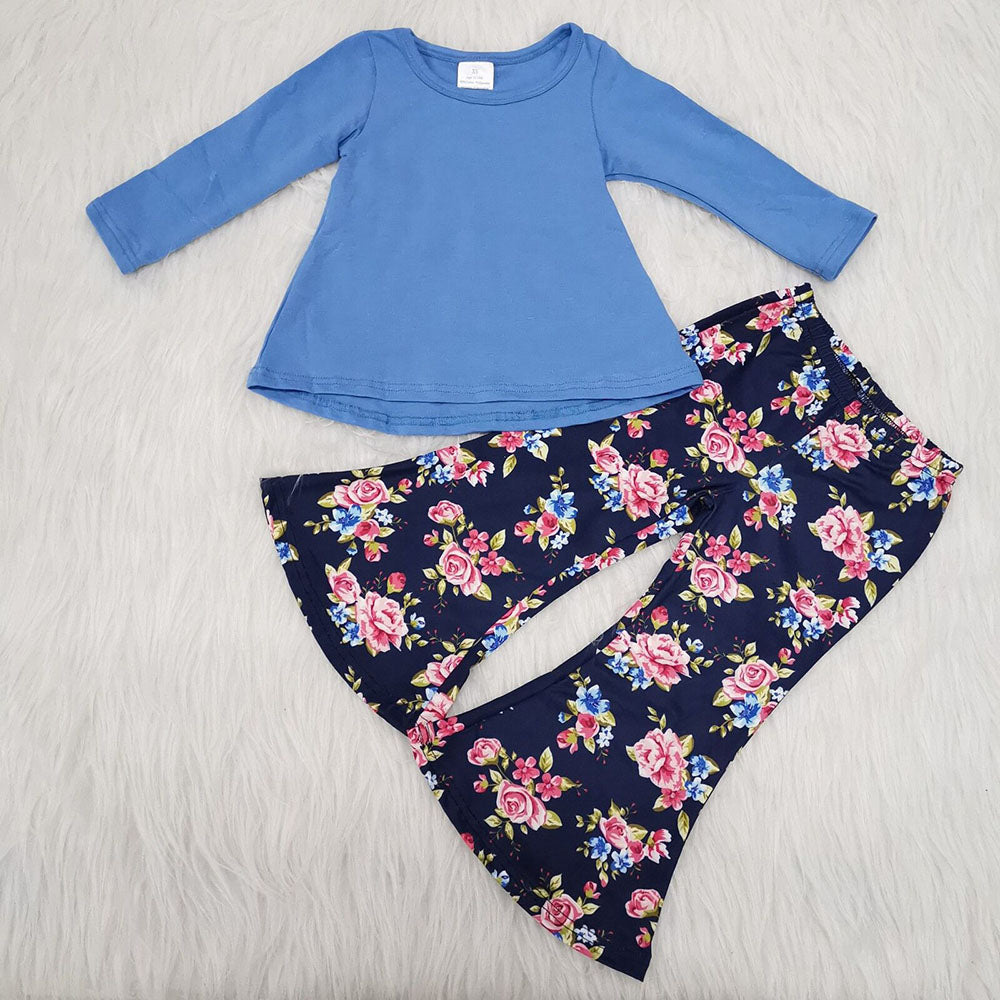 Baby Girls blue top floral pink bell pants clothes sets