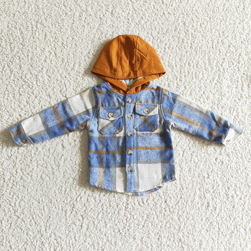 Baby kids blue plaid hoodie pocket Flannel shirts Tops