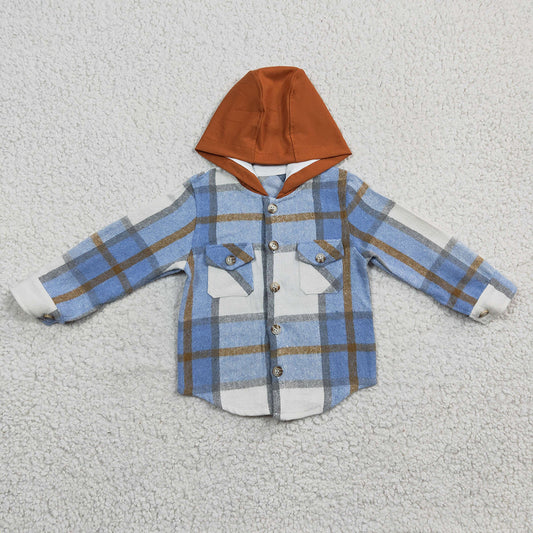 Baby kids Boys Blue plaid hoodie pocket Flannel shirts Tops