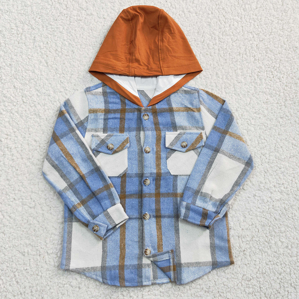 Baby kids Boys Blue plaid hoodie pocket Flannel shirts Tops