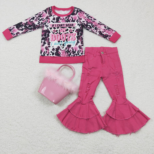 Baby girls Boot Western hotpink denim pants clothes sets